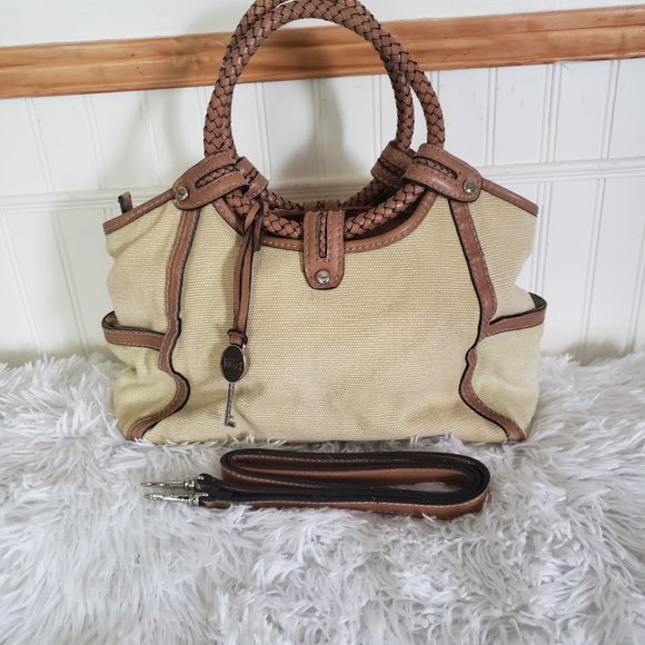 Fossil Womens Satchel Brown Fabric & Leather Braid Handles Key Charm Modern Vtg - Picture 1 of 16